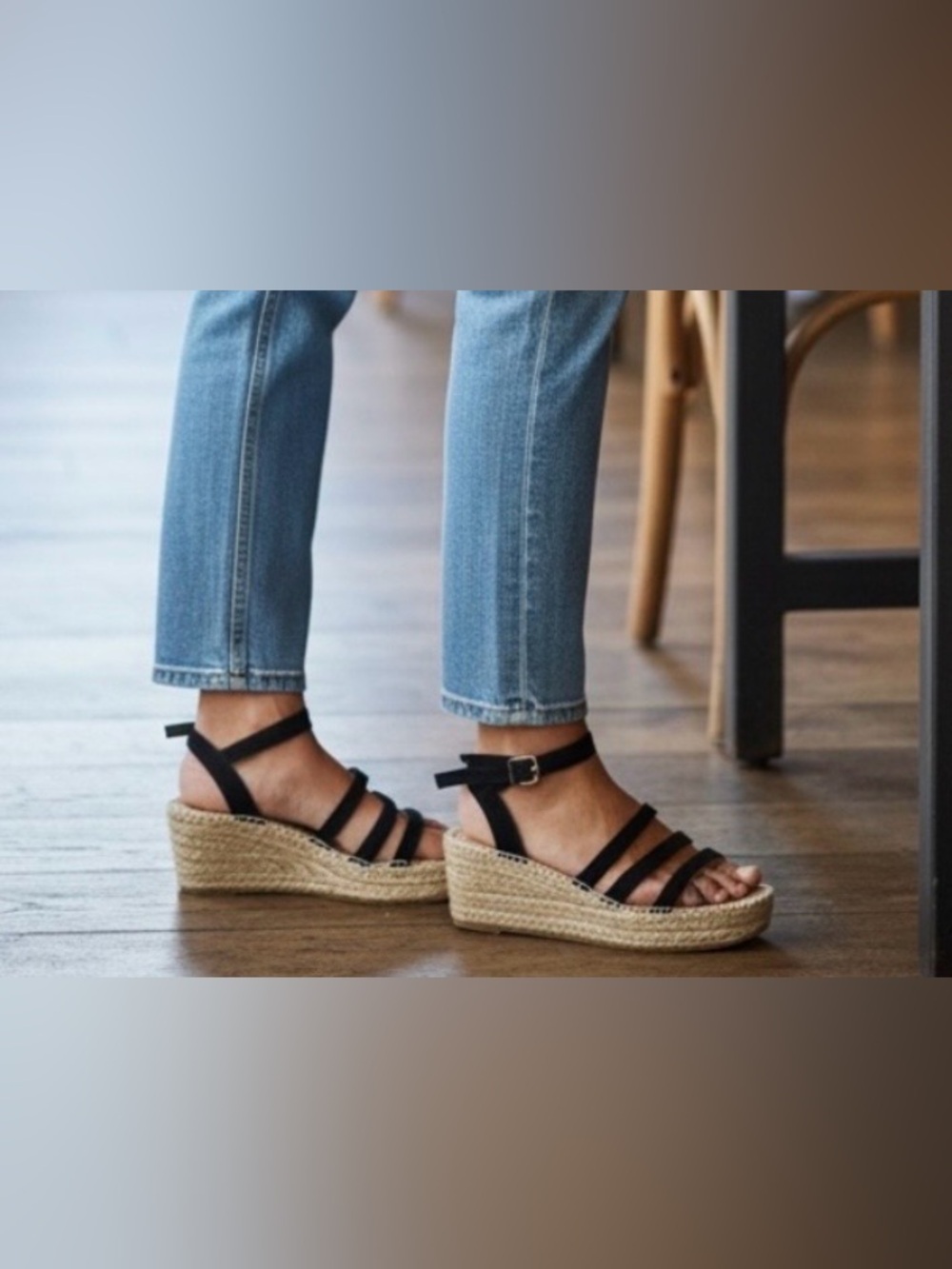 Black Strappy Espadrille Wedge Sandals - Women